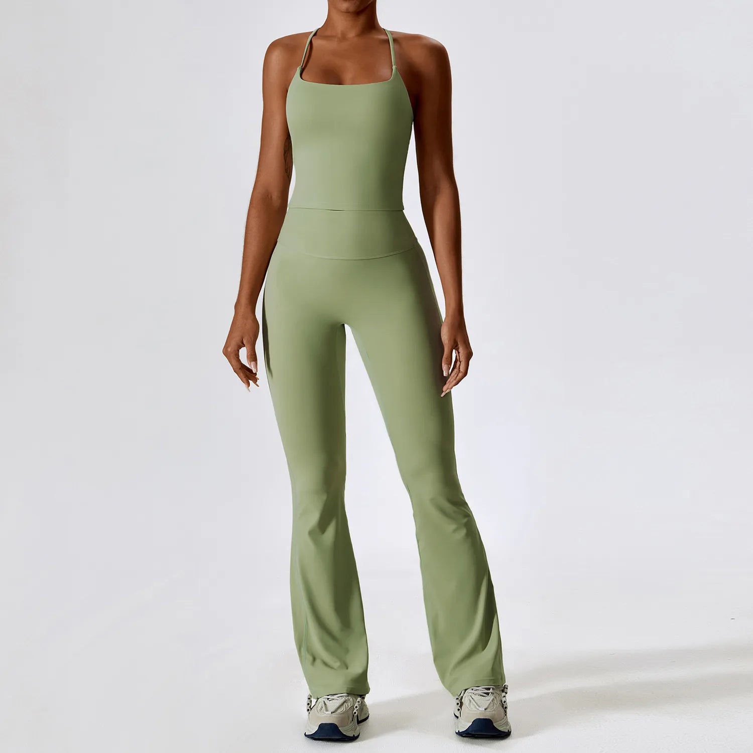 Yoga Set 2PCS Seamless Women Sportswear Workout Clothes Athletic Wear Gym Legging Fitness Bra Crop Top Long Sleeve Sports Suits Bean Green Set-1 CHINA
