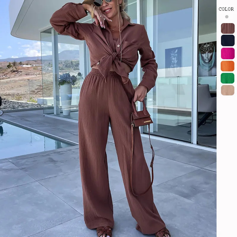 Solid Color Casual Loose Pants Sets For Women 2024 Elegant Autumn Women's Two Pieces Suit Full Trouser Set Female Outfit Clothes