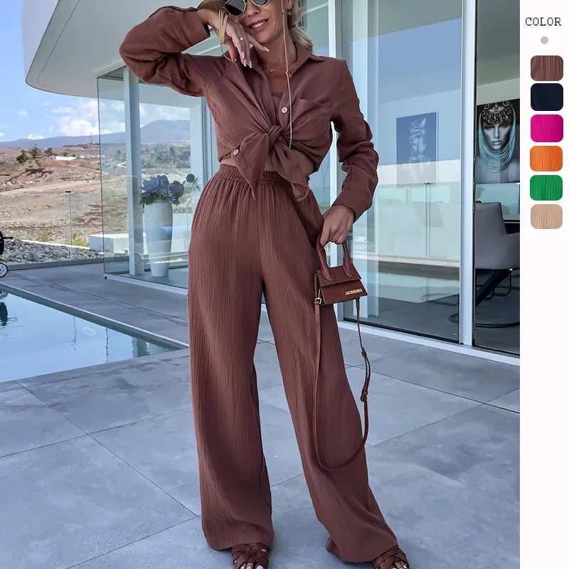 Solid Color Casual Loose Pants Sets For Women 2024 Elegant Autumn Women's Two Pieces Suit Full Trouser Set Female Outfit Clothes