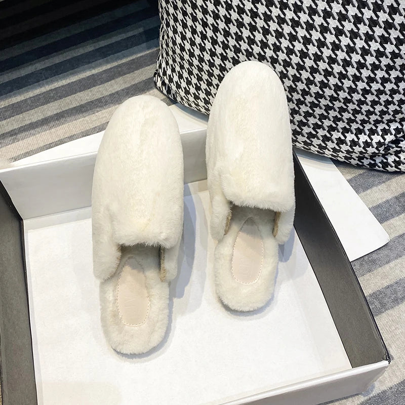 women's plush flat slippers Winter Home and Outdoor Shoes Fashionable fur warm design work and office mules Large size 41-44