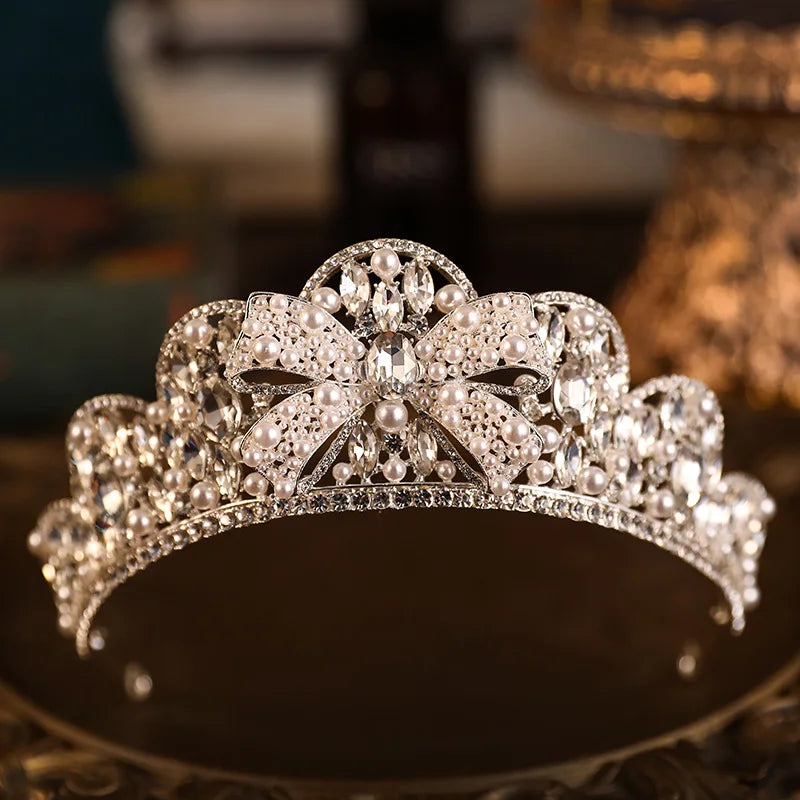 Baroque Luxury Crystal Bridal Tiaras Cubic Zircon Crown Rhinestone Pageant Diadem Headpieces Wedding Hair Accessories Silver bowknot 3