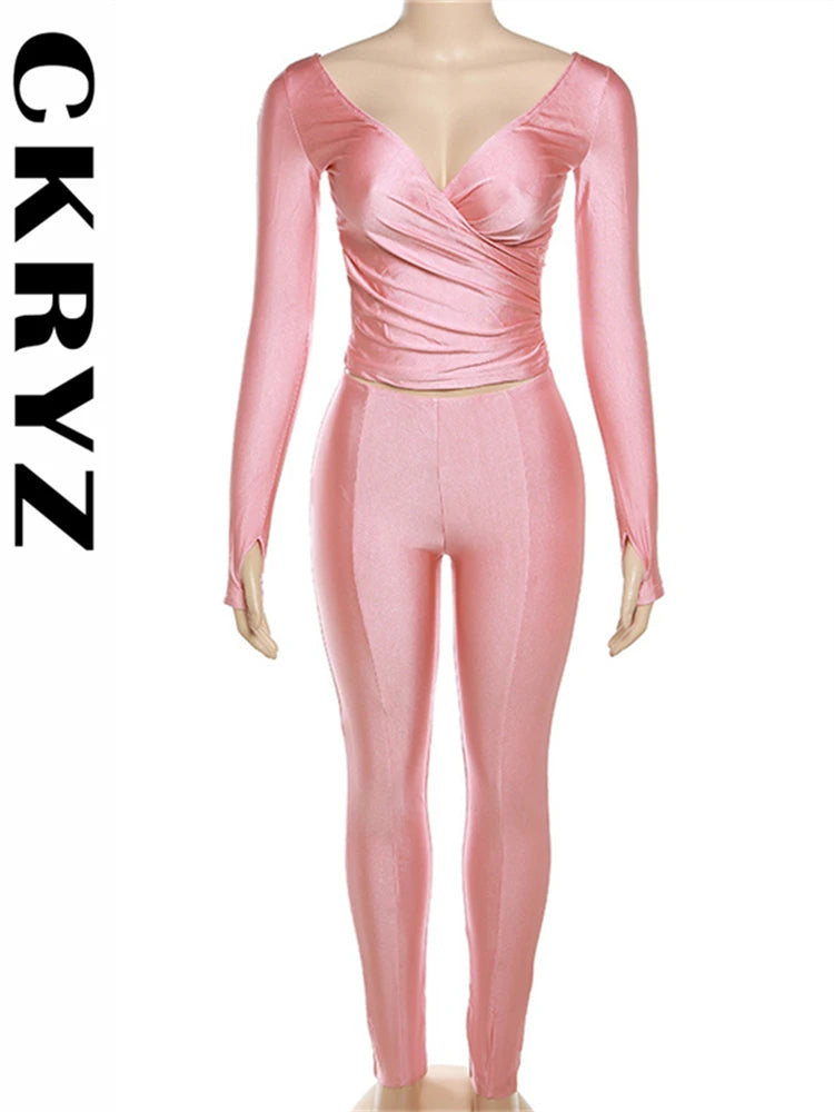 Ladies Off Shoulder Night Clubwear Y2K 2 Piece Long Sleeve V-Neck Folds Tees+Pencil Pants Fashion Club Streetwear Women Outfits