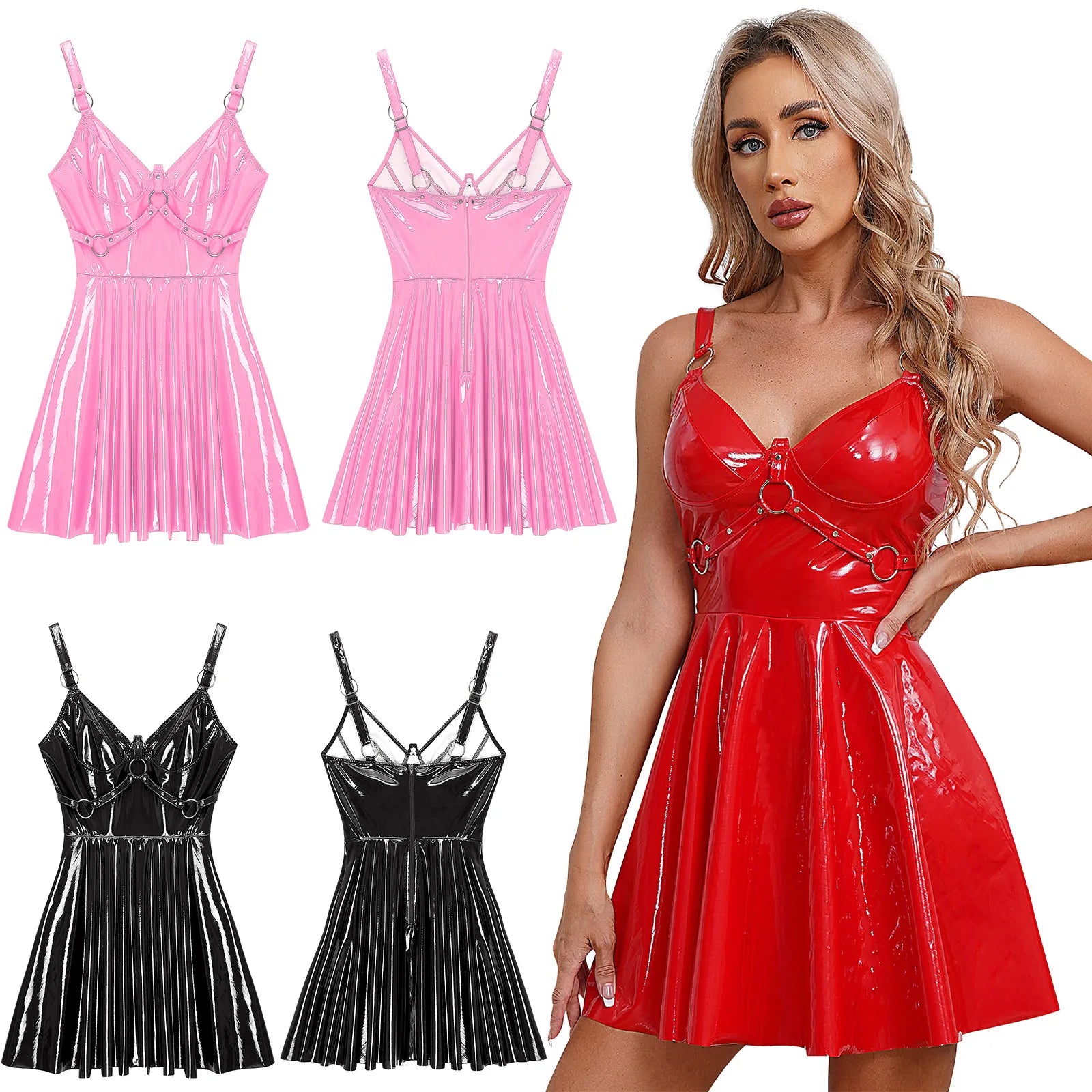 Womens Patent Leather Slip Dress Wet Look O-Ring Rivets Strappy A-Line Mini Dress Clubwear Gothic Punk Rave Dance Party Dresses