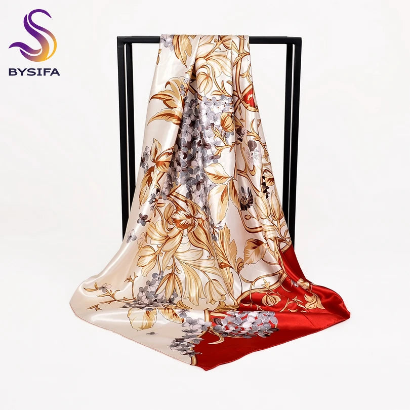 Ladies Green Coffee Square Scarves Printed Women Elegant Satin Large Silk Scarf Shawl 90*90cm Winter Neck Head Scarf beige red