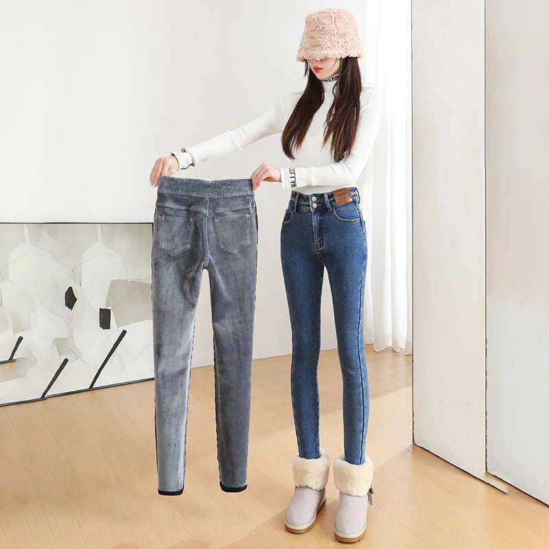 Winter Women's Fleece Thickened Jeans Elastic High Waist Skinny Fashion Slim Fit Velvet Pencil Denim Pants Black Blue