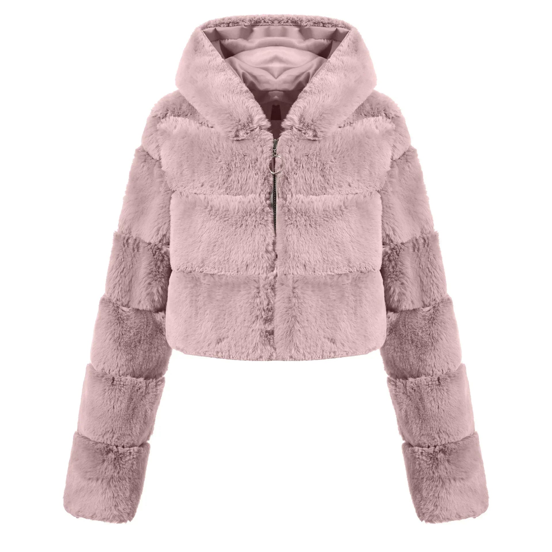 Winter Hooded Fluffy Jacket Women Faux Fur Coat Cropped Jacket Puffer Jacket Zip Up Winter Warm Fuzzy Teddy Coats Tops Outwear Pink