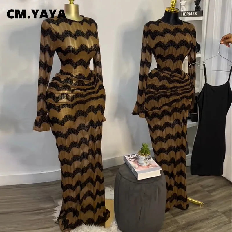 CM.YAYA Women Flare Full Sleeve Wave Striped Ruched Stacked Bodycon Midi Long Maxi Dress 2025 Evening Sexy Party Dresses Vestido