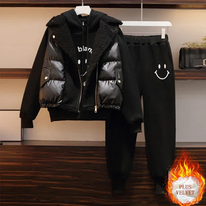 3 Piece Set Women Winter Vest + Hoddies + Pants 3PCS Outfits Loose Sweatsuit Thick Plus Velvet Warm Print Smile Casual Clothing 3 Pcs Set Black
