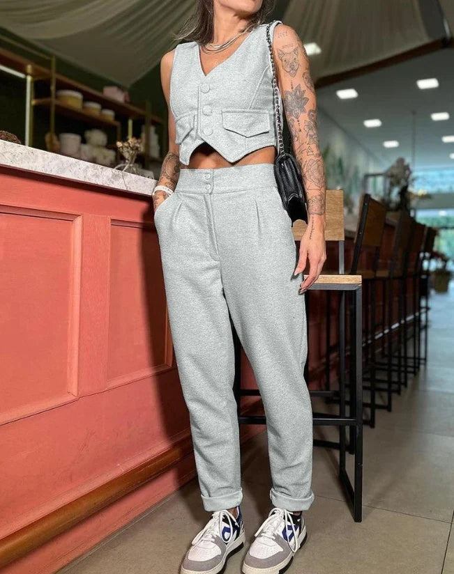 Two Piece Set Women Outfit 2023 Summer Fashion V-Neck Buttoned Sleeveless Vest Top & Casual High Waist Pocket Daily Pants Set
