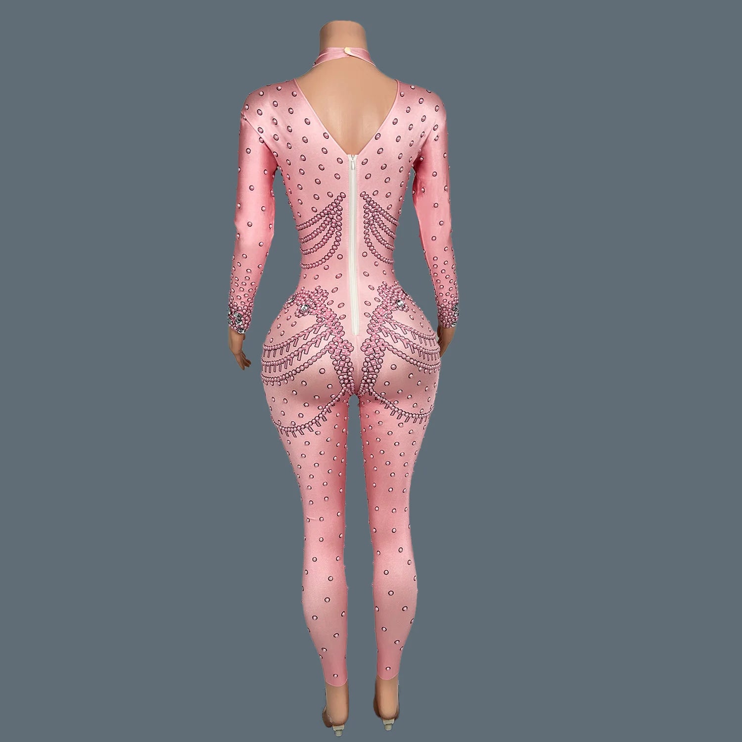 Luxury Rhinestones Long Sleeve Bodycon Pink Jumpsuit Sexy Singer Stage Show Spandex Costume Black Girls Club Jumpsuit Fensehuiyi