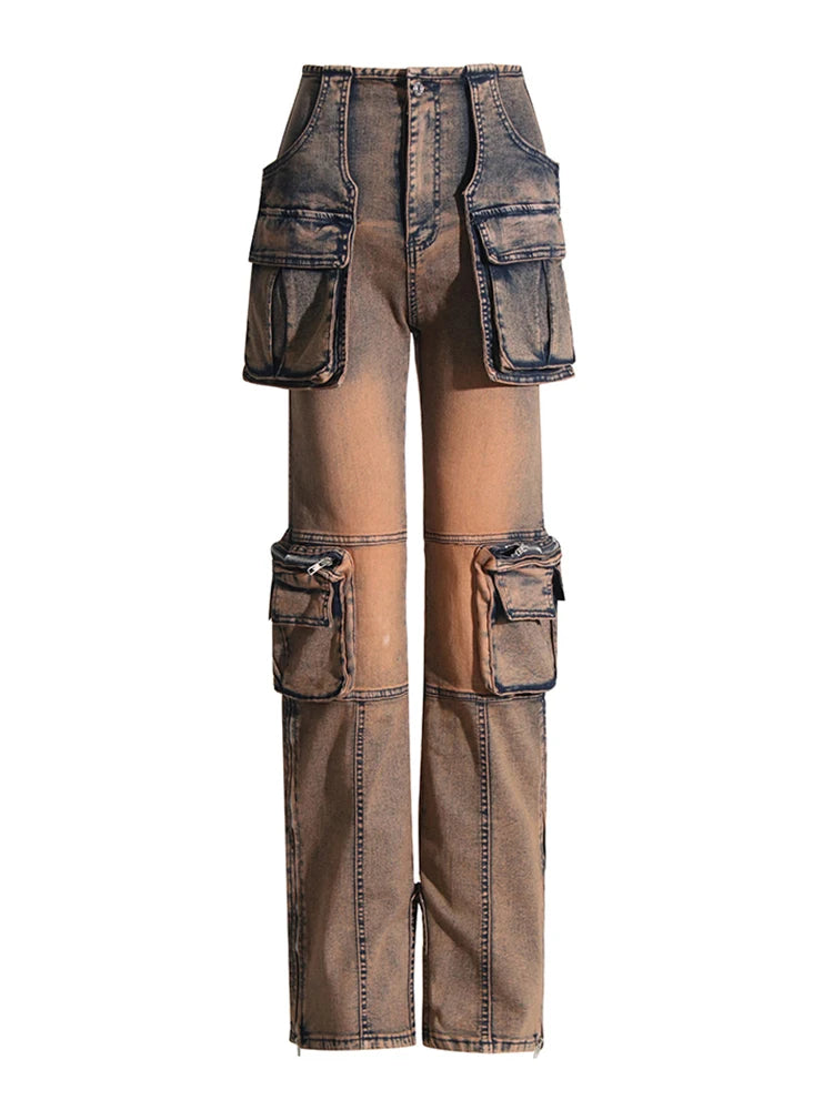 Solid Patchwork Pockets Casual Denim Trousers For Women High Waist Spliced Button Streetwear Loose Cargo Jeans Female New