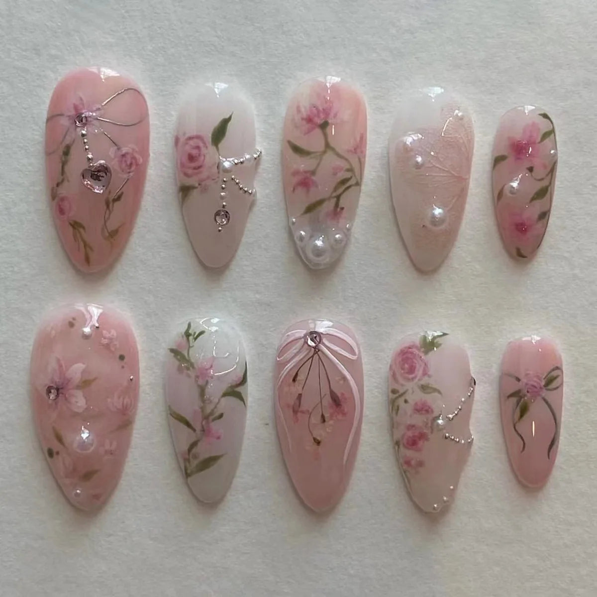 24Pcs Mid-length Almond Nails Set Press on Strawberry Pearl Love Check Design Fake Nails 3D Bow Flower Reusable False Nails Tips