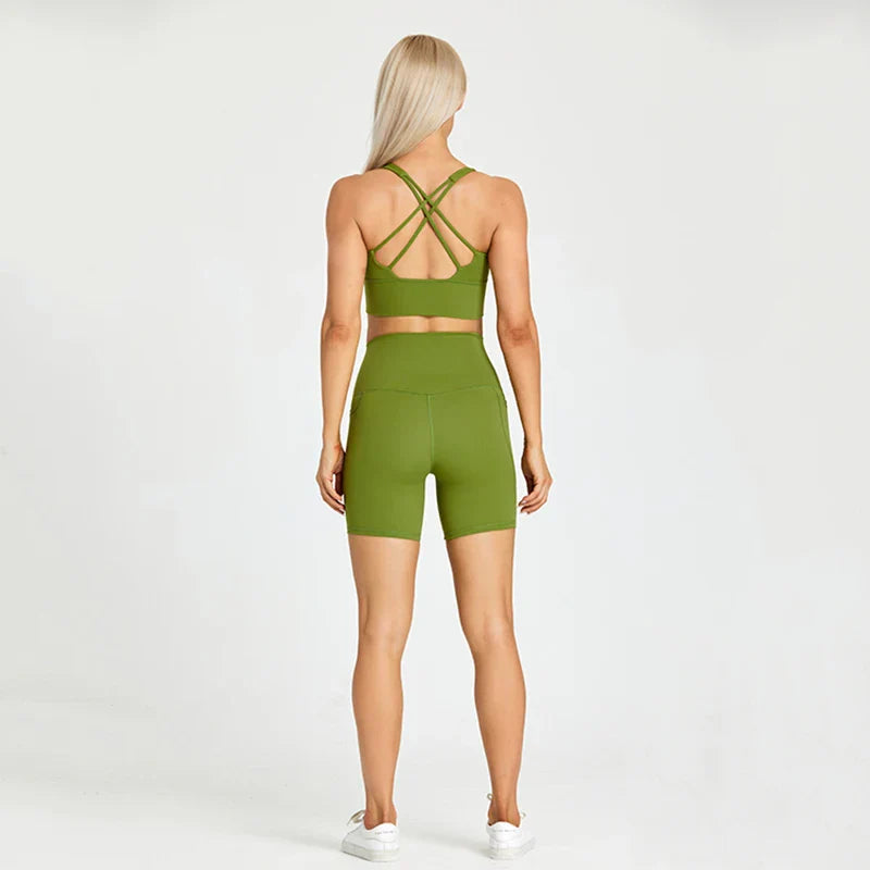 ABS LOLI Pockets Yoga Shorts Set Women Fitness Suit 2 Piece Sports Gym Wear Workout Clothes Running Sportswear Sport Outfit