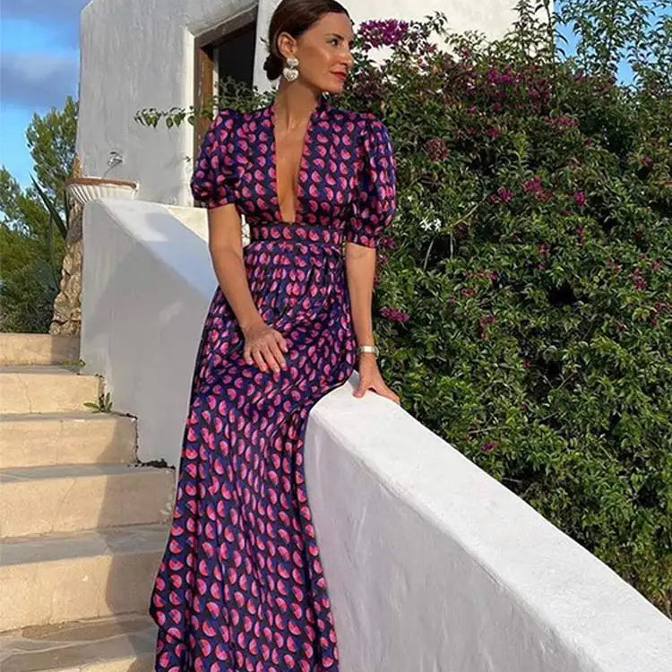 Fashion Deep V-neck Printed Pockets Long Dresses For Women Elegant Short Sleeved A-line Dresses Summer Female Party Evening Robe