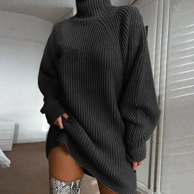 Women's Solid Color Loose Knitted Dress 2023 Autumn Winter New Dress Sweater Women Long Sleeve Turtleneck Pullover Dress Sweater Dark Gray