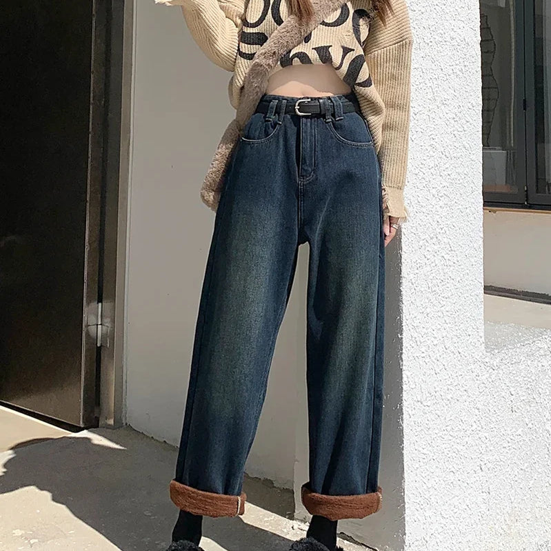 S-XL 2Colors Winter women long Straight wide leg denim pants Thick Warm High waist Denim jeans Trousers for womens+Belt