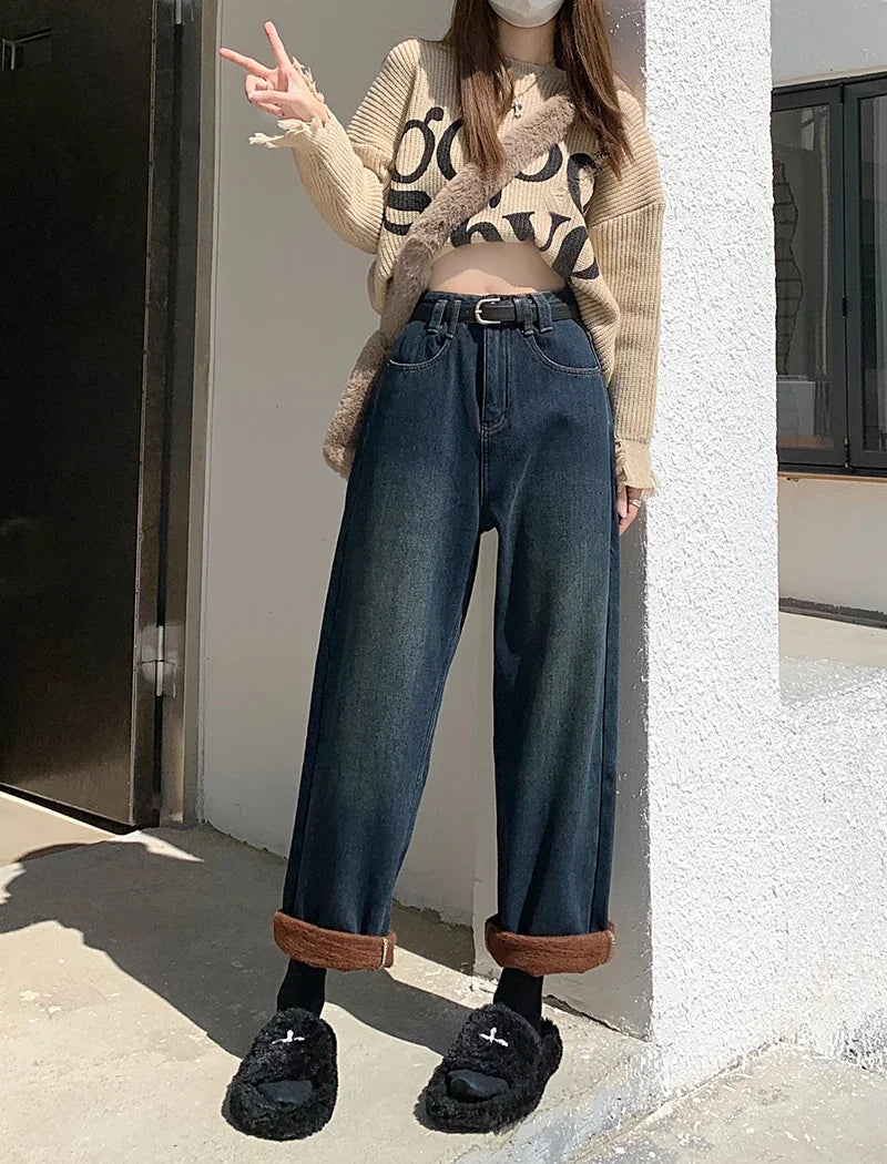 S-XL 2Colors Winter women long Straight wide leg denim pants Thick Warm High waist Denim jeans Trousers for womens+Belt