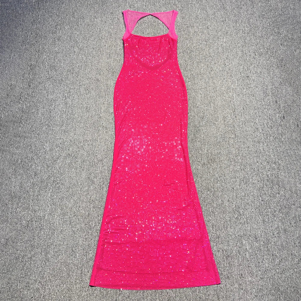 VC Multi Colours Shiny Rhinestones Mesh Patchwork Long Dress For Women Backless Slim Bodycon Evening Party Cocktail Gowns