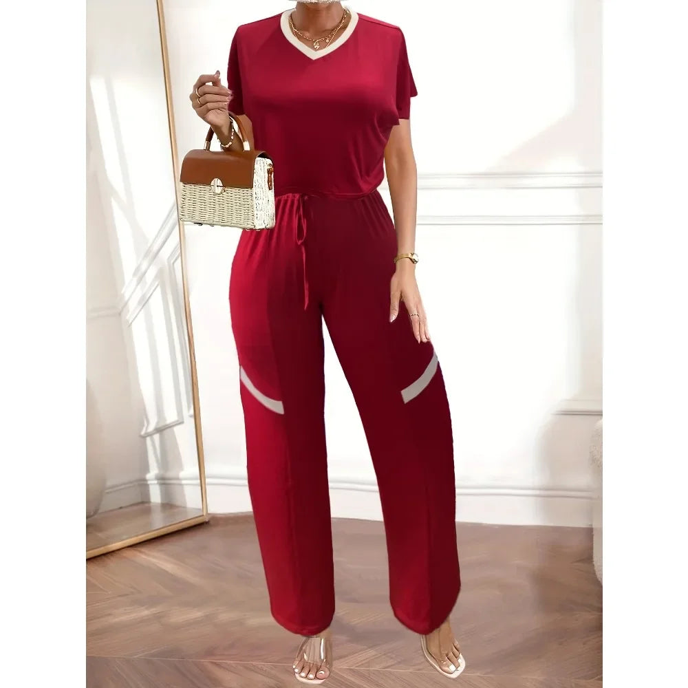 Plus Size Casual V Neck Short Sleeve High Low Hem Tee & Drawstring Pant Outfits Two Piece Set