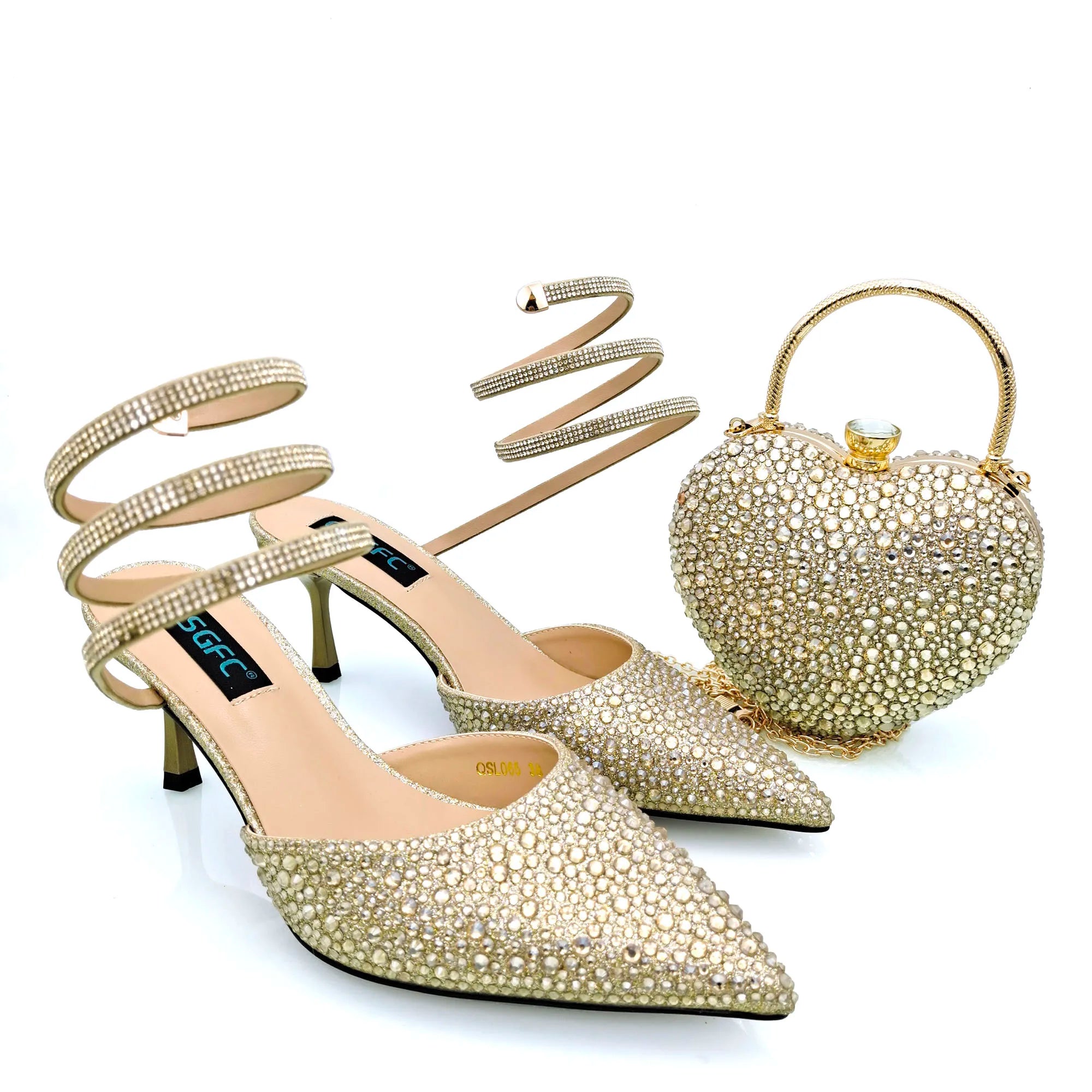 Gold Color Shine Luxury Design Heart Shaped Packet And Mid-heel Rhinestone Snake Wrap Strap Pointed Toe Shoes And Bag GOLD FOR SET