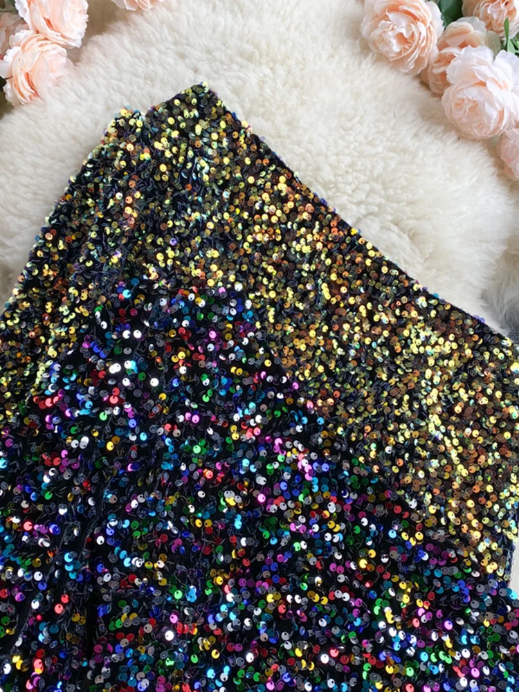 Fall 2024 Oblique Collar T-shirt Strapless Unilateral Puff Sleeve Slim Fit Short Sequined Top