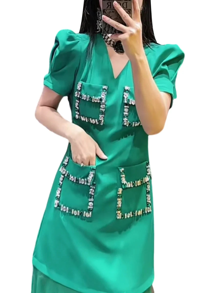 TWOTWINSTYLE Solid Slimming Spliced Pockets Dresses for Women V Neck Short Sleeves Patchwork Bead Elegant Dress Female Clothing