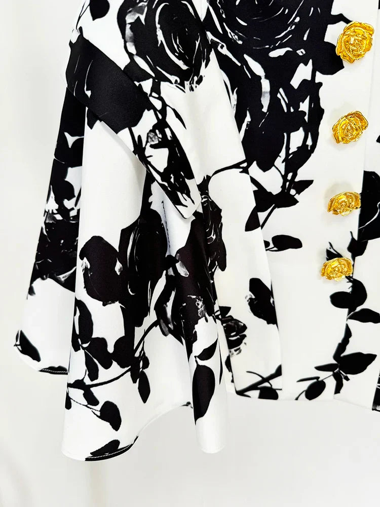 HIGH STREET Newest Runway Designer Fashion Women's Metal Rose Buttons Printed Floral Mini Skirt