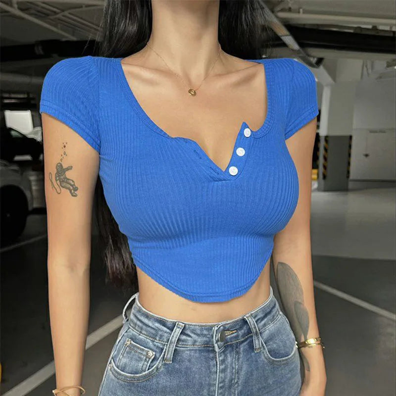 Xpqbb High Street Y2K Cropped T-Shirt Women Sexy Skinny V-Neck Basic Crop Tops Female Summer Slim Fit White Short Sleeve Tees Blue