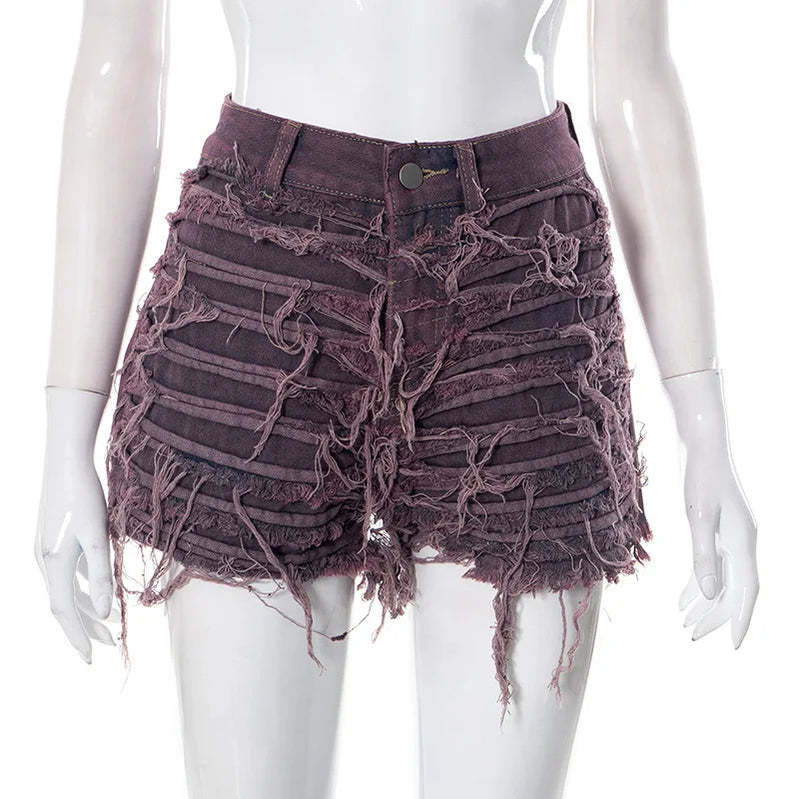 Women's Denim Skirt Do Old Solid Color Burrs Tassel Slim High Waist Short A-line Mini Skirt Autumn Fashion purple short pants