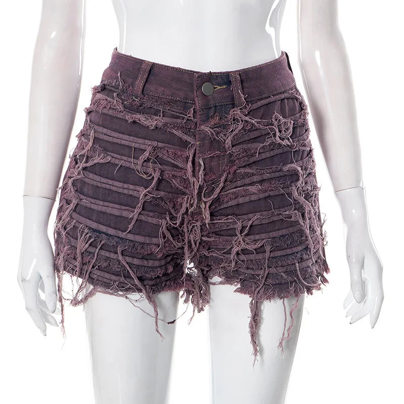 Women's Denim Skirt Do Old Solid Color Burrs Tassel Slim High Waist Short A-line Mini Skirt Autumn Fashion purple short pants