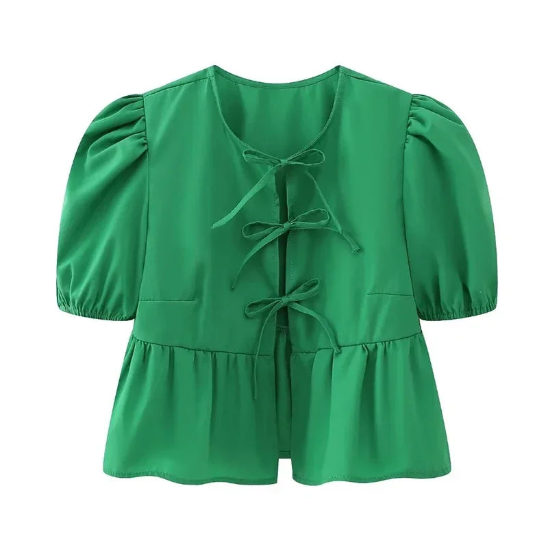 Duomofu Leopard Bow Lace Up Women Shirts Blouses Loose Y2K Puff Sleeve Pleat Shirt Top Summer New Cropped Lady Streetwear Green