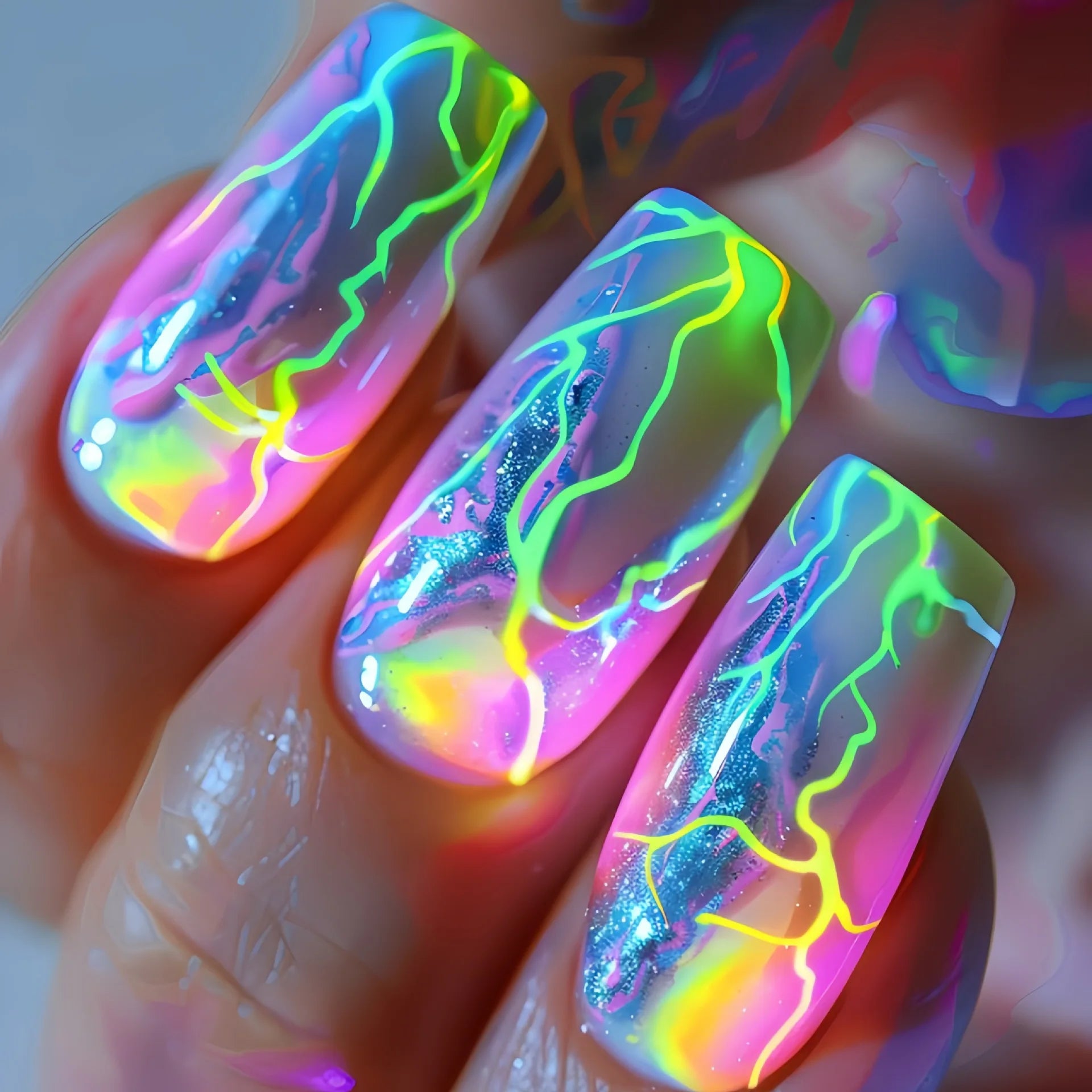 24Pcs Lightning Stripe Smudging Press on Fake Nails Mid-length Square Head False Nails Green Wearable Fashion Full Nail Art Tips