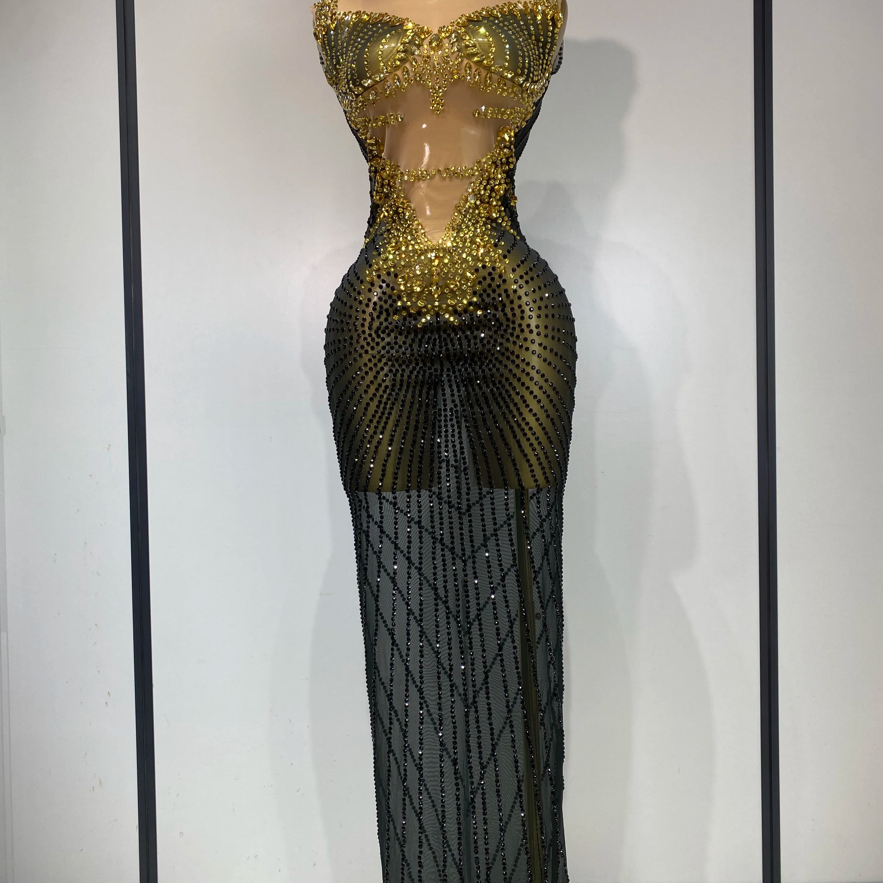 Sparkly Gold Rhinestone Transparent Sleeveless Mini Dress Evening Birthday Celebrate Party Nightclub Dance Performance Outfit