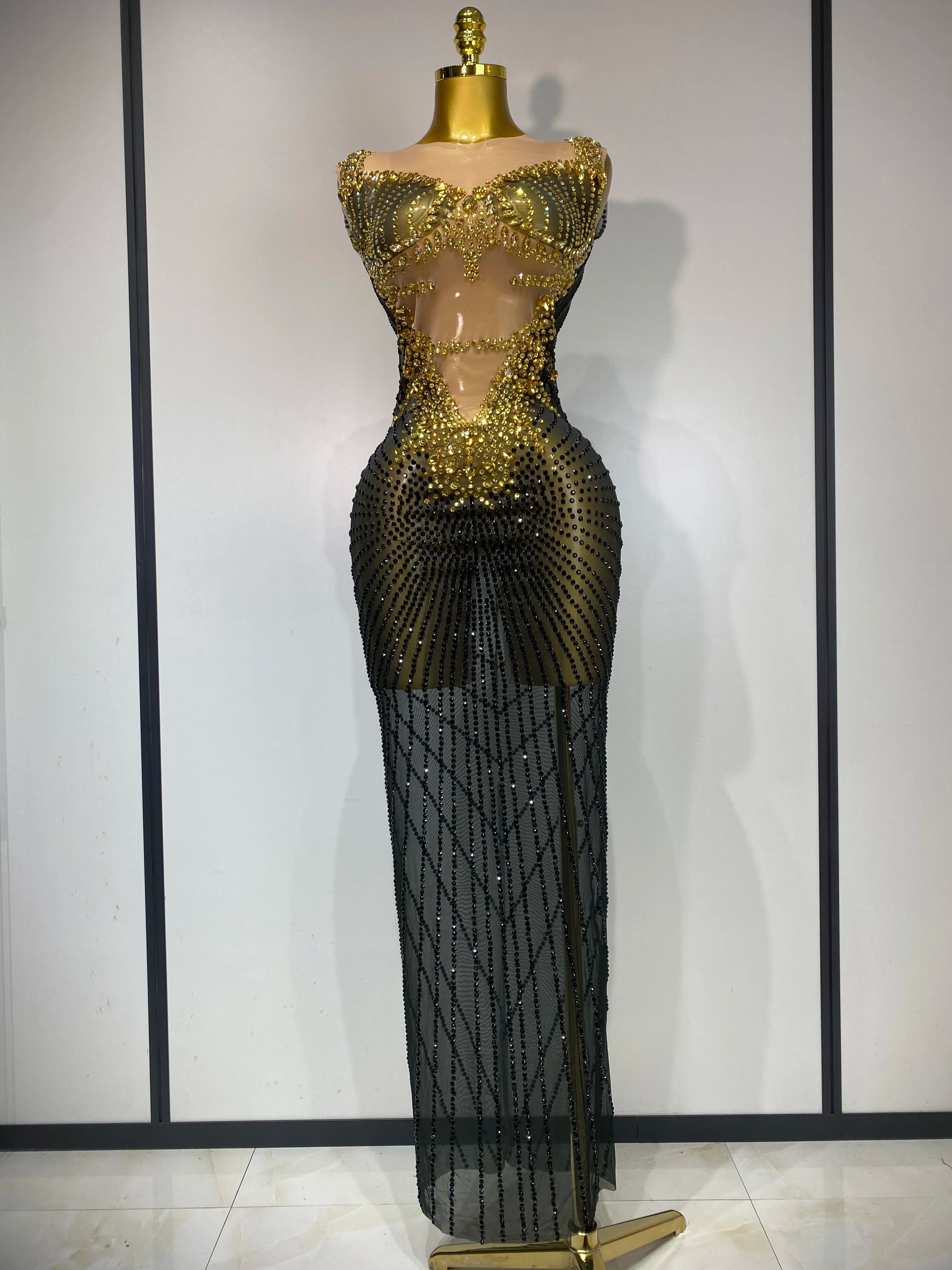 Sparkly Gold Rhinestone Transparent Sleeveless Mini Dress Evening Birthday Celebrate Party Nightclub Dance Performance Outfit