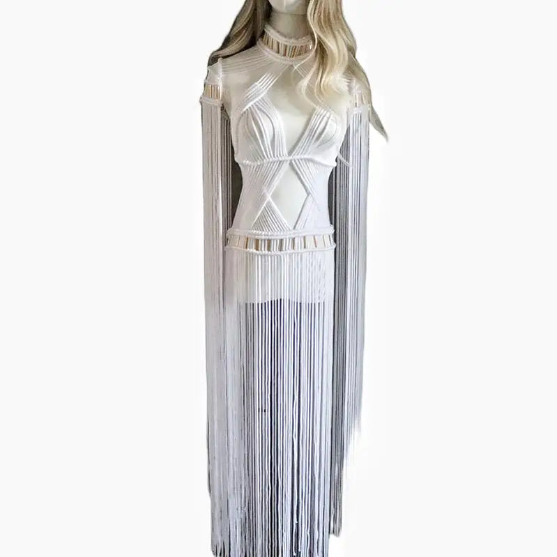 Tassel Hand Crochet Knitted Women Bikini Cover Ups 2023 Summer Holiday Beach Bathing Suit Sexy Hollow Out Skirts Matching Set A06white One Size