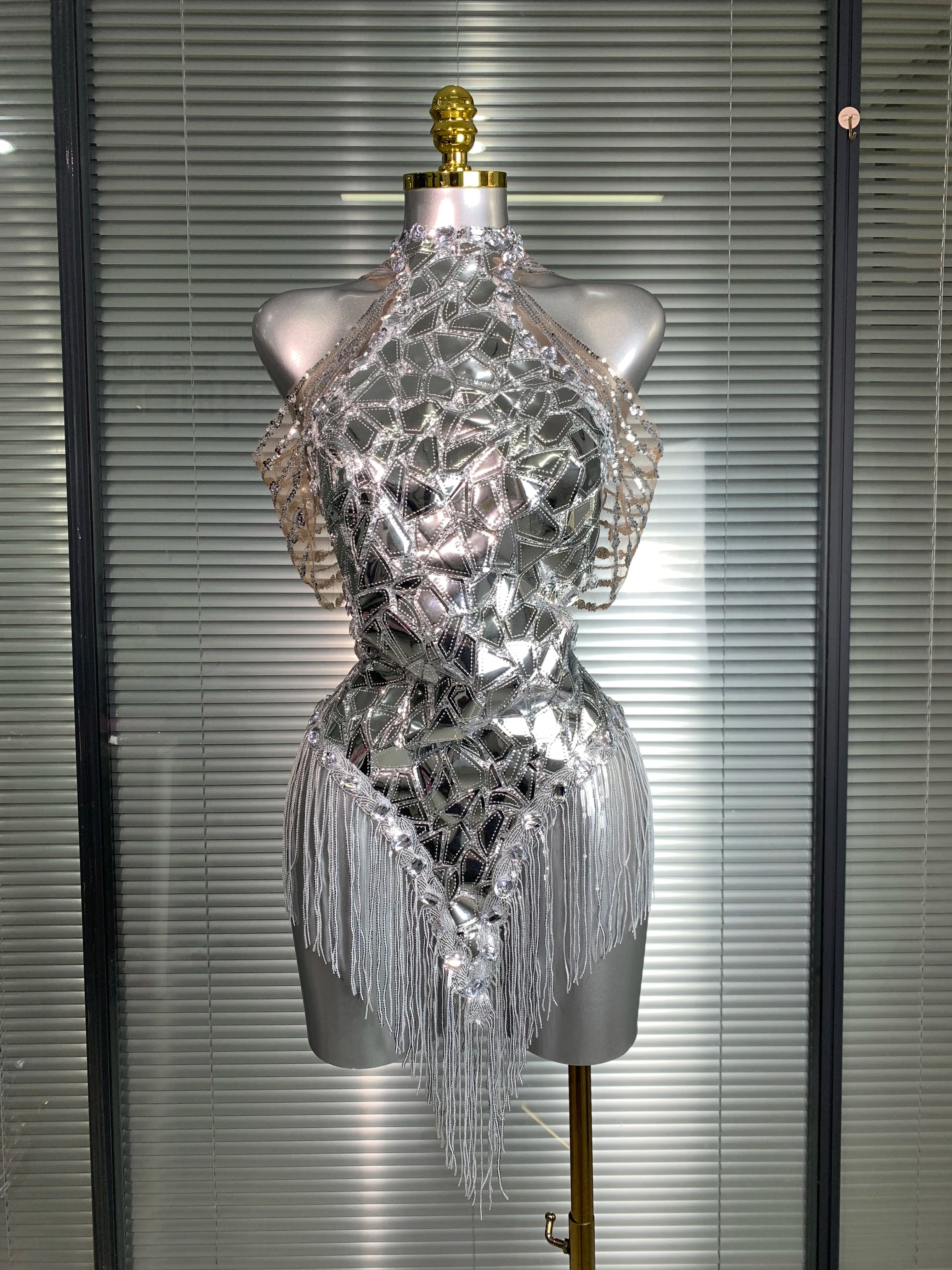 Women Sexy Y2K Silver Tassel Mini Dress Sparkly Sequins Night Club Performance Costume Stage Dancer Night Club Party Dress