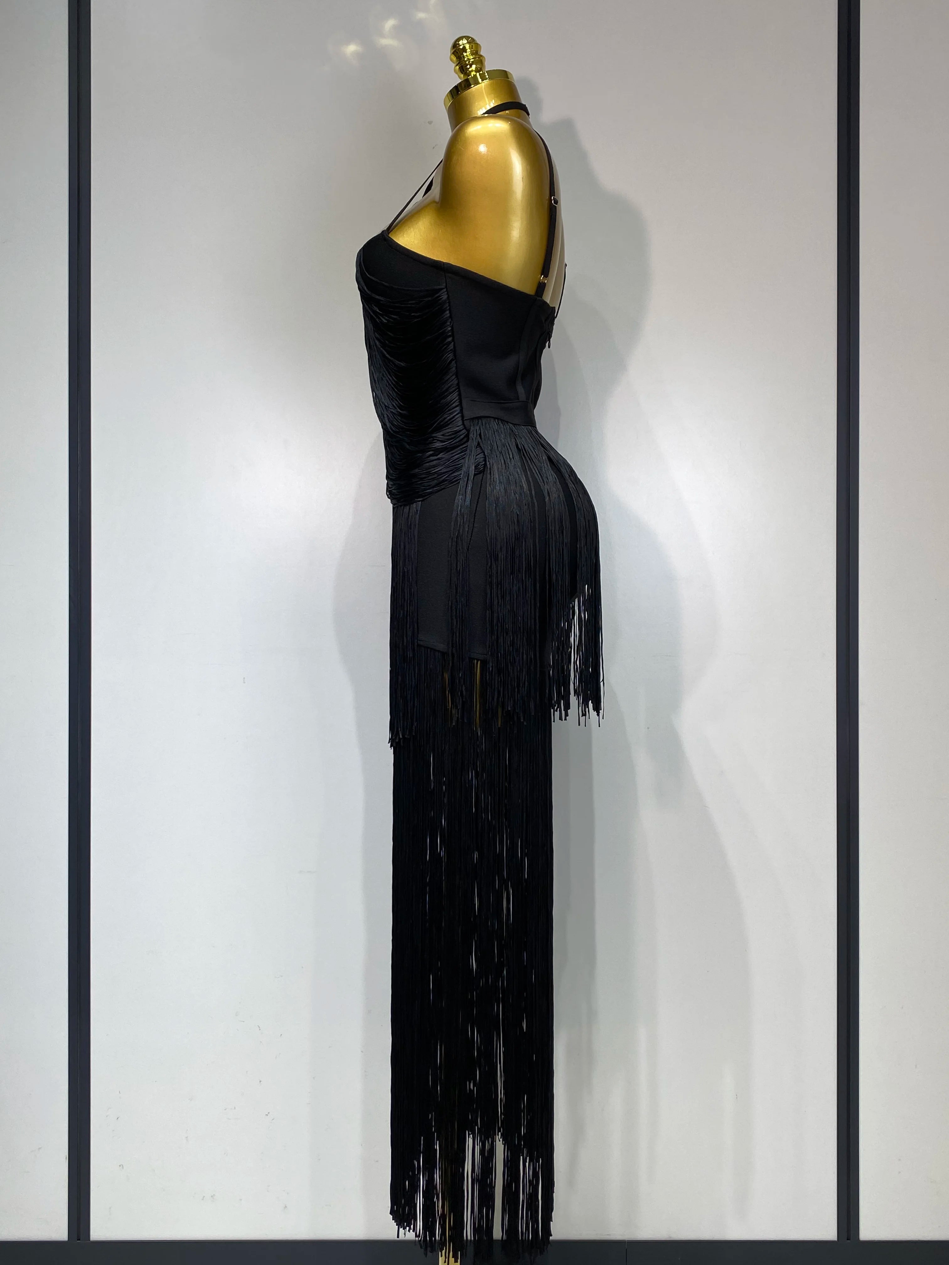 Women Sexy Backless Tassel Black Ankle Bodycon Bandage Dress 2025 Celebrity Elegant Evening Club Luxury Birthday Party Dresses