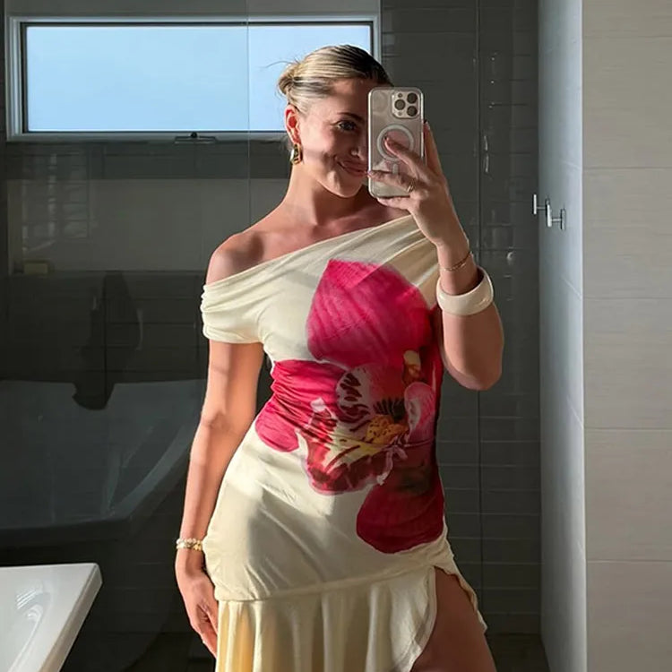 Vestido feminino com pregas irregulares e bainha estampada, ombro de fora, bainha com babados, malha com fenda alta, vestidos de igreja para mulheres, verão 2025