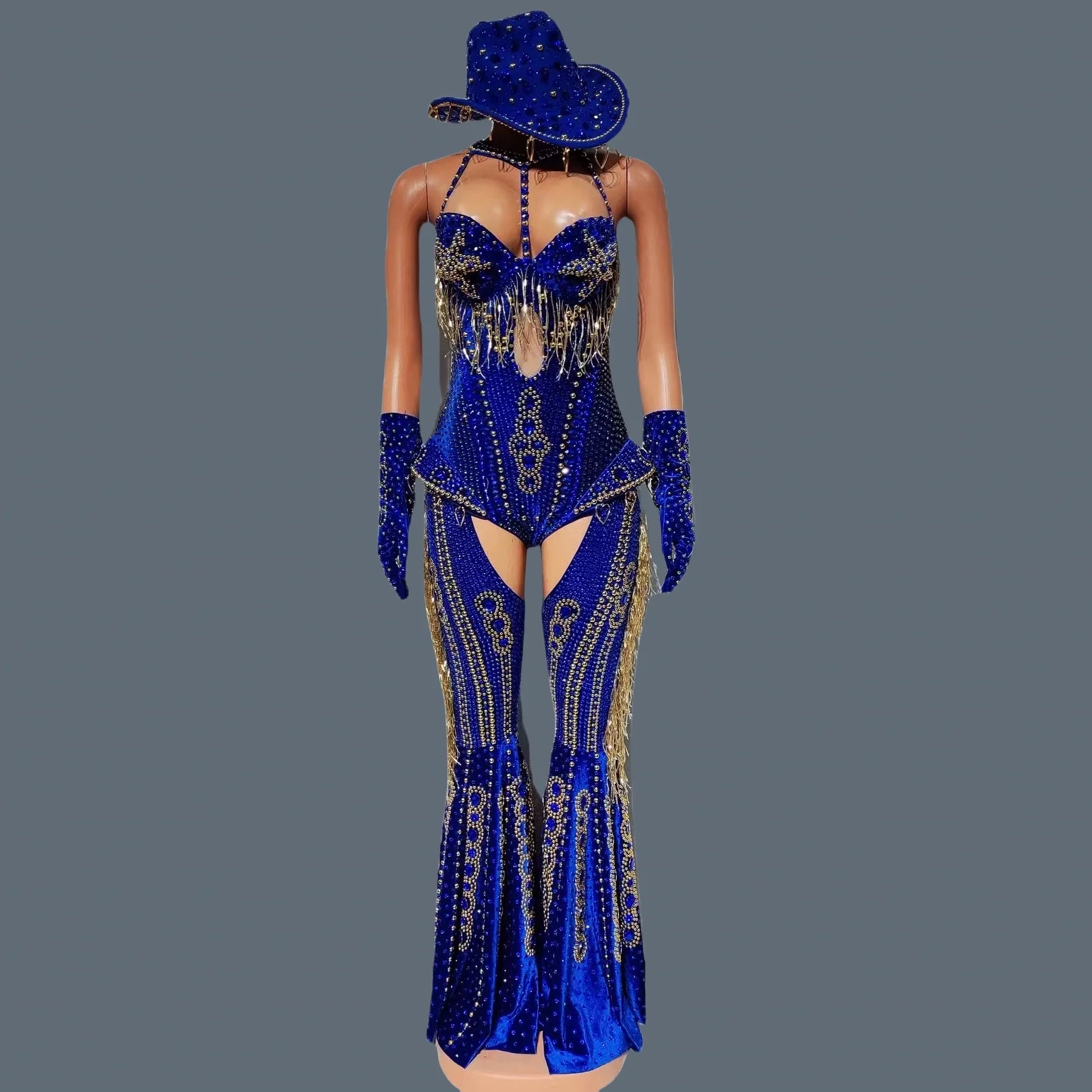 Sparkly Rhinestone Tassel Luxury Bodysuit 4Piece Set Cowboy Night Out Party Outfit Stage Show Jumpsuit Carnival Wear Hongding