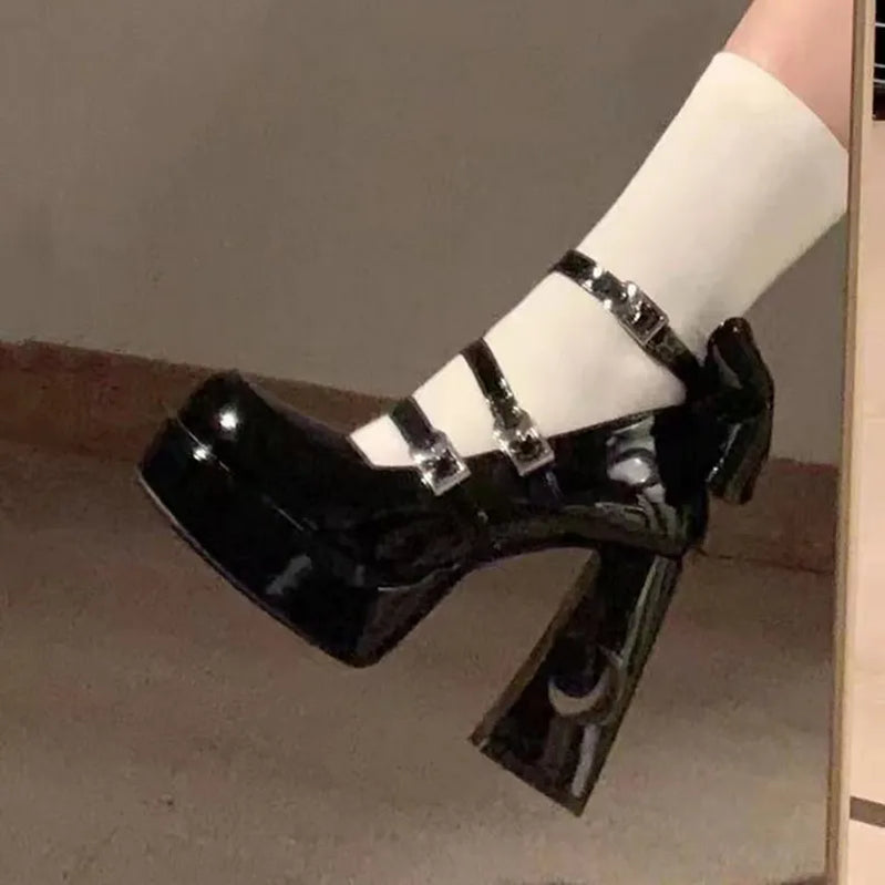 Y2k Chunky Platform High Heels Pumps Women 2023 Spring Punk Thick Heel Mary Jane Lolita Shoes Woman Patent Leather Cosplay Shoes black