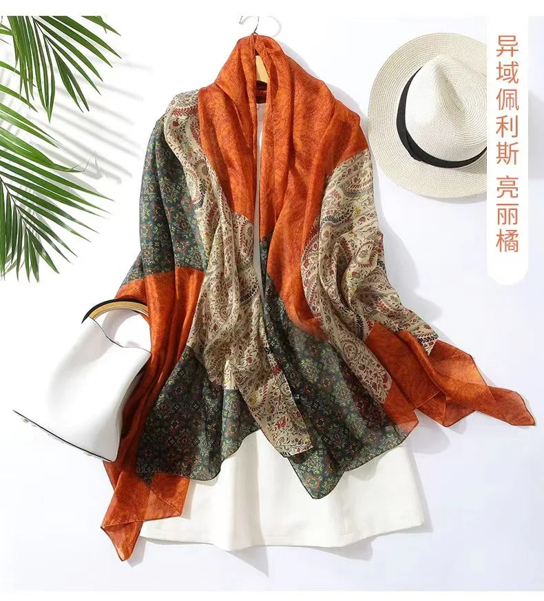 Print Silk Scarf Hijab Women Spring Deisgn Soft Beach Stoles Elegant Head Scarves Echarpe Shawl Satin Large Wrap Echarpe Bandana see chart 46