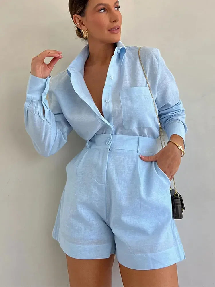 Pockets Button Shorts 2 Piece Set For Women Casual Lapel Single Breasted Long Sleeve Suits Fashion Chic Female Commute Outfits Blue