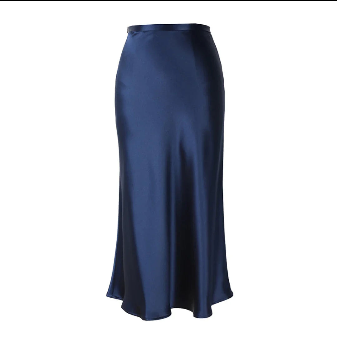 WYWM Summer High Waisted Satin Silk Skirt Women Solid 8 Color Fashion Elegant Ladies Streetwear Skirts Slim A-line Female Dress Blue