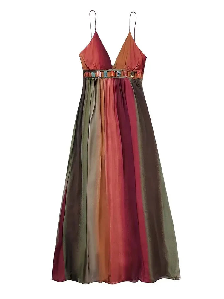 Sexy Backless Slip Long Chiffon Beach Sling Dress For Women Summer Vacation Contrasting V Neck Holiday Beachwear Dresses As Show