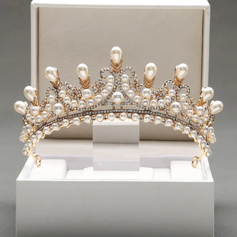 Bridal Headwear - A Golden Lady Fashion Wedding Princess Imitation Pearl Classic Tiaras Girl Luxurious Birthday Crown