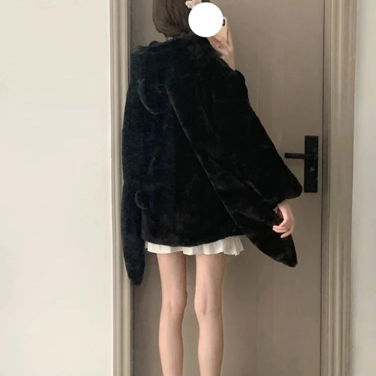 Winter Oversized Warm White Faux Fur Coat Women ith Bunny Ears Kawaii Sweet Cute Japanese Style Fluffy Jacket Hoodie Black