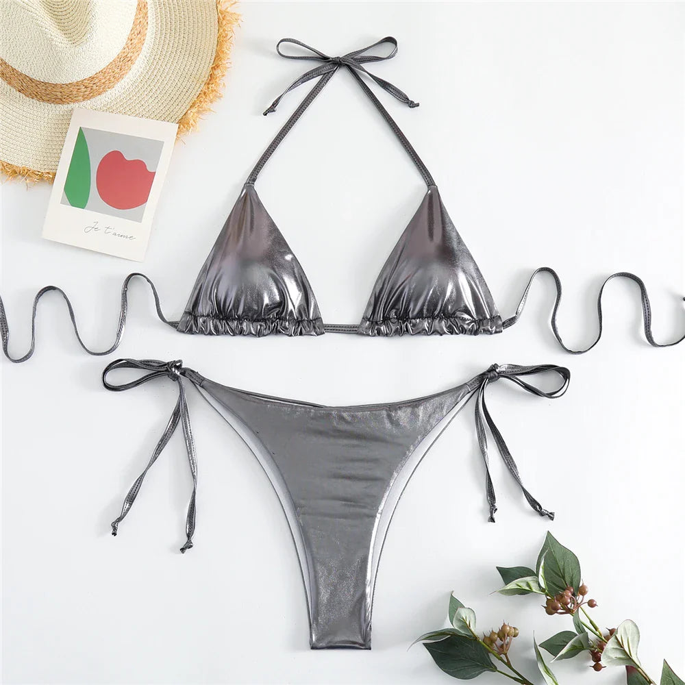 Halter Triangle Sexy Bikini Sets 2023 Women Patent Leather Glitter Swimsuit Summer Solid G-String Swimwear Side Lace Up Monokini s15Charcoal Gray