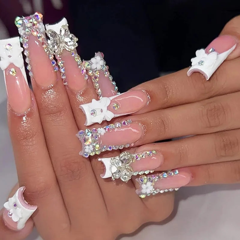 24Pcs Pink Press on Fake Nails Long Coffin with Love Broken Diamond Pearl Bowtie Design French Fake Nails Full Cover Nail Tips
