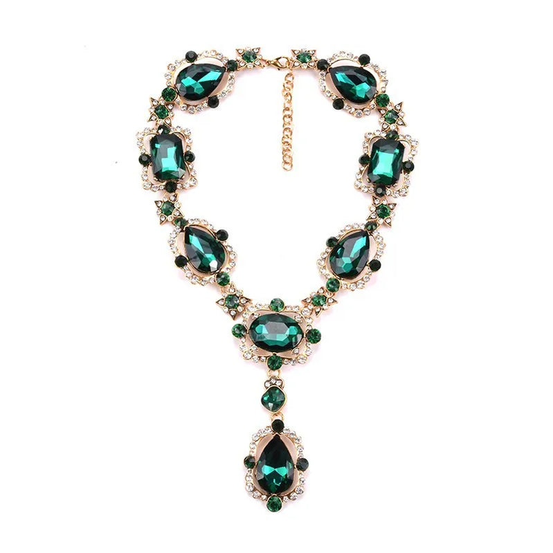 Statement Rhinestones Jewelry Large Gemstone Gem Stone Crystal Victorian Jewellery Green Emerald Bib Necklace for Women NA012-2