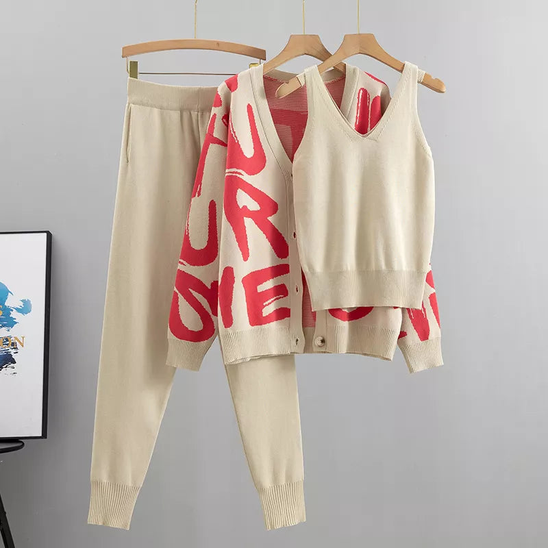 Spring Autumn 3 Piece Women Cardigan Tracksuits Fashion Knitted Pocket Pant Set Ladies Sweater Suit European Fashion Outfits Red One Size